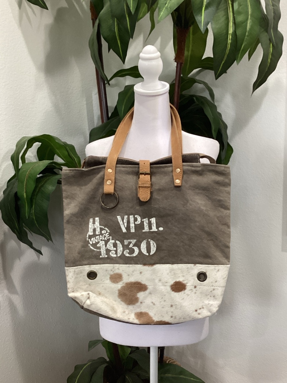 Myra Bag Taupe Canvas Tote with Cream & Brown Accent